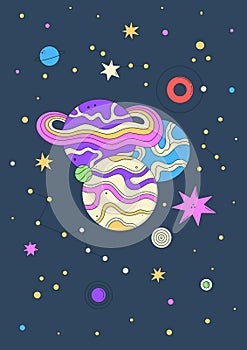 Poster design. Vibrant vector illustration with abstract patterned planets, stars, and starry background. Bright