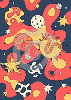 Poster design. Vibrant vector illustration with abstract patterned planets, sun, stars, and psychedelic background