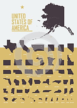 Poster with detailed USA states, by size of territory, Interior poster or post card with map of United States of America