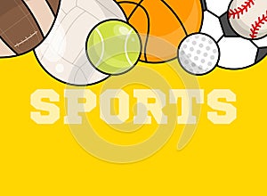 poster of different sports, american football, rugby, soccer, tennis, golf, basketball, on a yellow background
