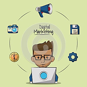 Poster of digital marketing with designer man in laptop computer closeup and marketing icons around