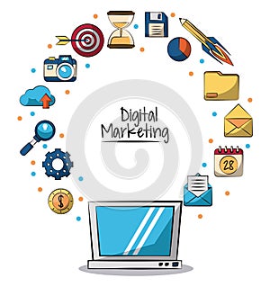 Poster of digital marketing with laptop computer in closeup and marketing icons around on him