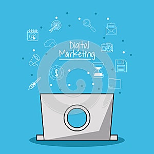 Poster of digital marketing with laptop computer in rear view and marketing icons sketch in background