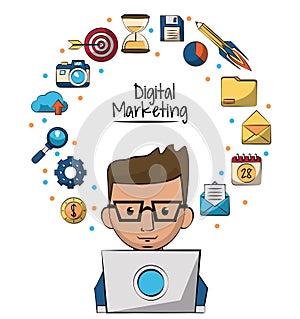Poster of digital marketing with man working in laptop computer in closeup and marketing icons around of him