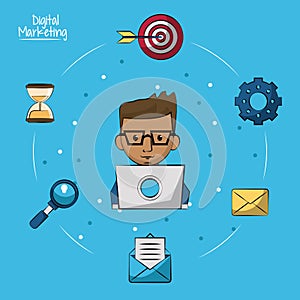 Poster of digital marketing with man working in laptop computer in closeup and marketing icons around on him