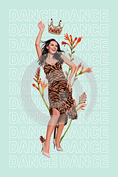 Poster discotheque concept collage of young carefree wear leopard print dress graceful royal crown club queen 