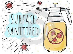 A poster disinfectant spray eliminates viruses. Surface sanitized.