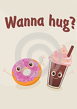 Poster with donut and coffee with eyes and hands and title \