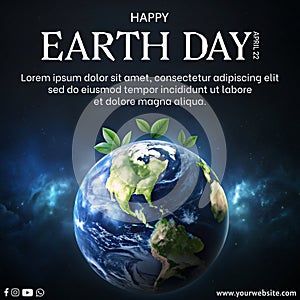 A poster for Earth Day with a blue and green planet and leaves on it