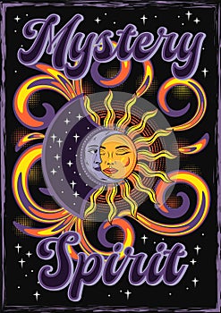 Poster with eclipse with sun, crescent moon. Mythological fantasy character