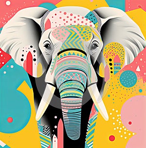 A poster featuring an elephant on a pink background with abstract patterns.