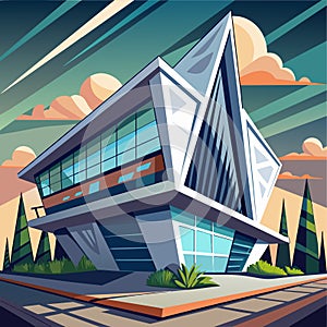 Poster featuring a futuristic building with unique asymmetrical windows set against a blue sky background, A futuristic building