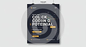 Poster featuring a tech-themed design with a dark background. The text includes