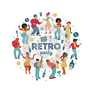 Retro party. Vector poster. Retro style illustration. Music and dance in retro style. Jazz musicians and dancers.