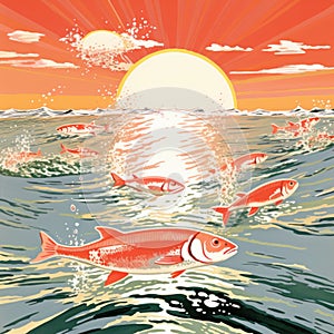 A poster with fish swimming in the ocean at sunset, AI