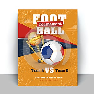 Poster or flyer design with football and winning golden trophy o