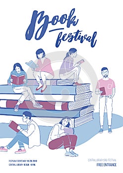 Poster, flyer or invitation template for literary festival with young people dressed in trendy clothes sitting on stack