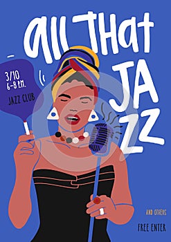 Poster or flyer template for jazz music performance with African American female singer, woman vocalist or soloist with