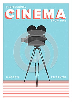 Poster or flyer template for professional cinema show time or movie premiere with film camera standing on tripod