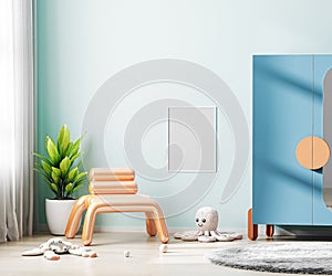 Poster frame mock up on blue wall in children room interior with colorful furniture and soft toys, scandinavian style kids room,