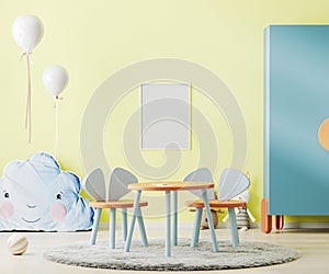 Poster frame mock up in bright yellow child room with table, toys and cupboard, kids room interior mockup, children playroom, 3d