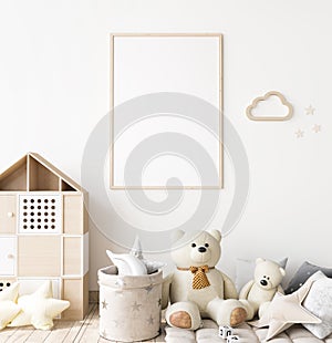 Poster frame mock up in child bedroom, Scandinavian unisex nursery design