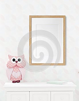 Poster frame mock up in child bedroom, Scandinavian unisex nursery design