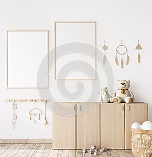 Poster frame mock up in child bedroom, Scandinavian unisex nursery design photo