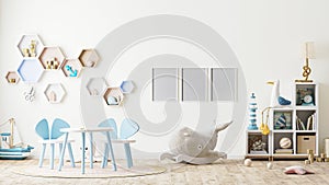 Poster frame mock up in children`s playroom interior with toys, kids furniture, table with chairs, shelves, scandinavian style, 3