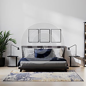Poster frame mock up in home bedroom interio with bed and dark blue pillow, bedside tables, plant with white wall, 3d illustration