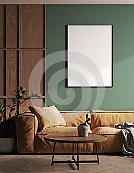 Poster frame mock-up in home interior background with bright sofa, green wall, table and decor in living room, 3d render