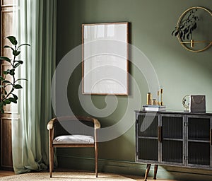 Poster frame mock-up in home interior background with commode, chair and decor in living room