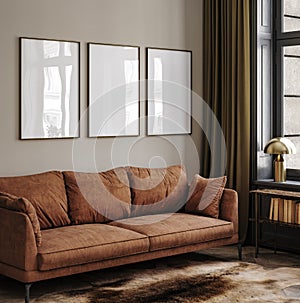 Poster frame mock-up in home interior background with modern sofa and decor in living room