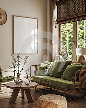 Poster frame mock-up in home interior background with sofa, table and decor in living room