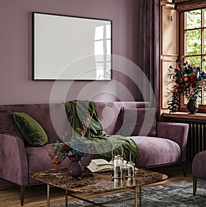 Poster frame mock-up in home interior background with sofa, table and decor in living room