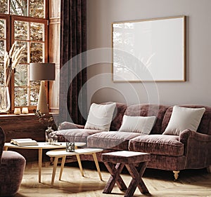 Poster frame mock-up in home interior background with sofa, table and decor in living room