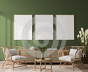 Poster frame mock-up in home interior on green background with rattan chair and decor in living room