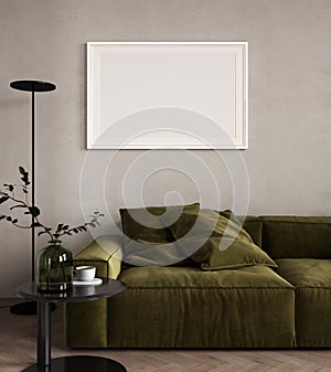 Poster frame mock up in home living room interior with green sofa and coffee table with decor, 3d render