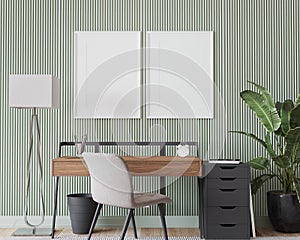 Poster frame mock up in home office, black and wooden desk in green room design