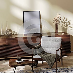 Poster frame mock up in living room interior, cozy armchair with coffee table and decoration, living environment, home interior,