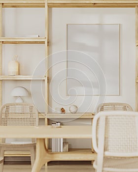poster frame mock up in living room interior with cupboard with shelves with decor, dining table with chairs, 3d