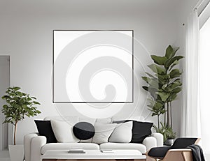 Poster frame mock up, minimal Scandinavian white style living room interior, Ai generative