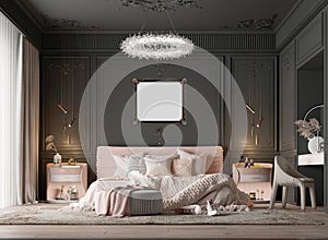 Poster frame mockup model in Design of luxury bedroom with dark classical interior - 3d rendering photo