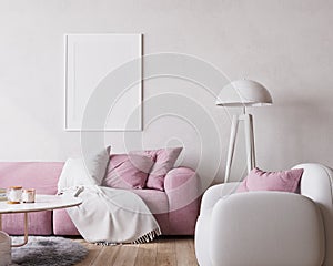 Poster frame mock up in modern bright living room design, pink ad white furniture on minimal wall background