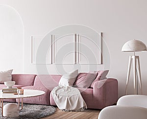 Poster frame mock up in modern bright living room design, pink ad white furniture on minimal wall background