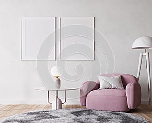 Poster frame mock up in modern bright living room design, pink ad white furniture on minimal wall background