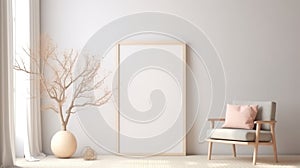 Poster frame mock-up in modern living room, furnished home