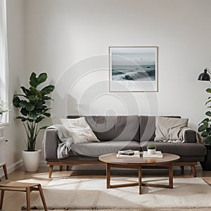 Poster frame mock-up in modern living room furnished home interior background