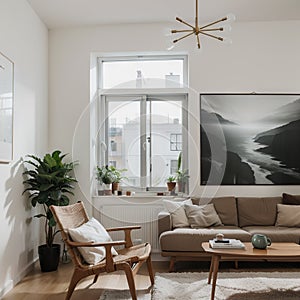 Poster frame mock-up in modern living room furnished home interior background