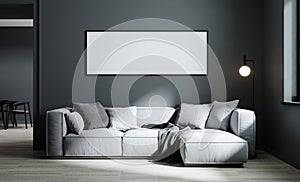 Poster frame mock up in modern living room interior background with light gray sofa and gray wall, minimalistic scandinavian style